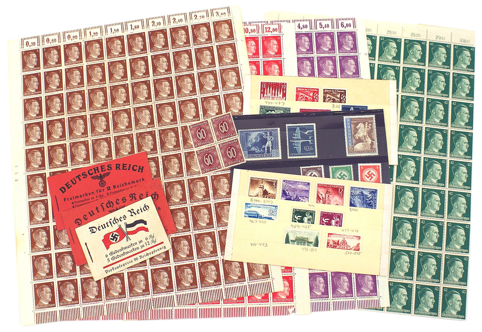 German WWII stamps Hindenburg Hitler: P-004 Lot of German Third-Reich stamps: (1) 25 different postage stamps. Includes Scott B-481 - 483, B-467 - 468. B-194 - 197. (2) Three different unused stamp booklets - (A) Frederick the Great Scott