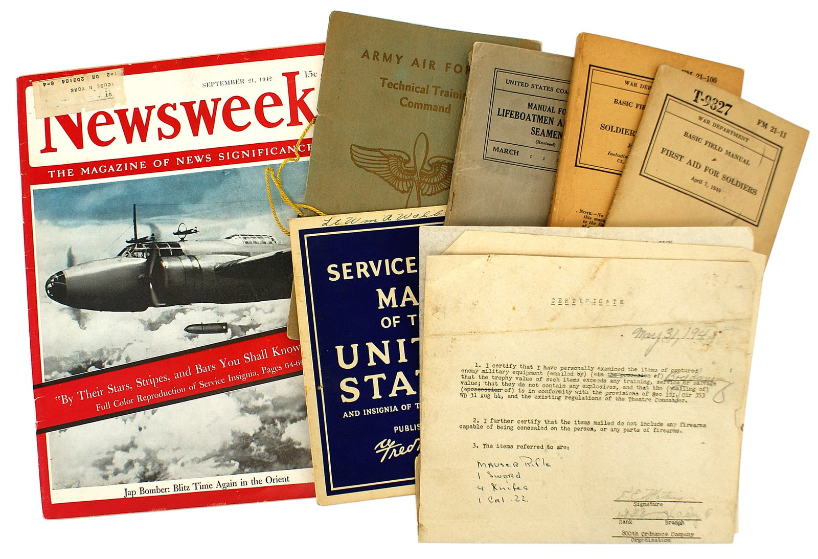 US WWII ephemera graduation booklet Field Manuals: Q-018 Lot of U.S. WWII ephemera: (1) Army Air Force Tech Training Command, Class 9A 1943 graduation booklet with 51 autographed photos of graduates. (Wartime fold-out map of the U.S. with 6 illustrate