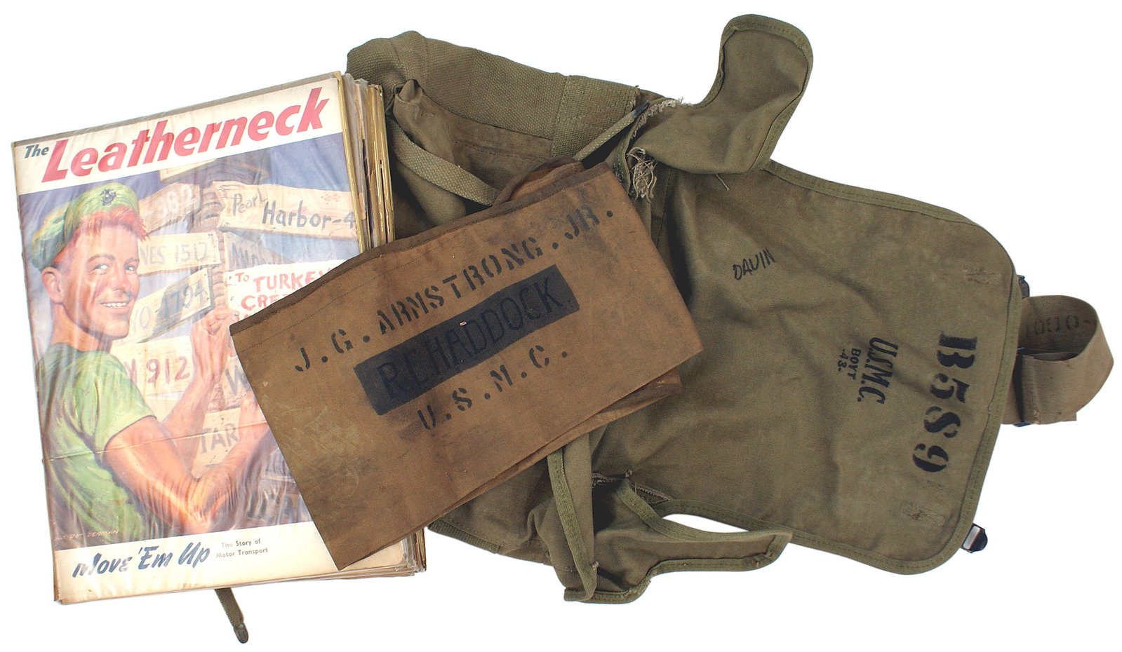 US WWII Marine Corps lot Garand bag etc: N-024 U.S. WWII Marine Corps lot: (1) Canvas M1 Garand carrying bag. Stenciled "J. G. ARMSTRONG. JR." above darkened "R. E. HADDOCK" and "U.S.M.C.". Two other inked names. Shows field wear. (2) OD can