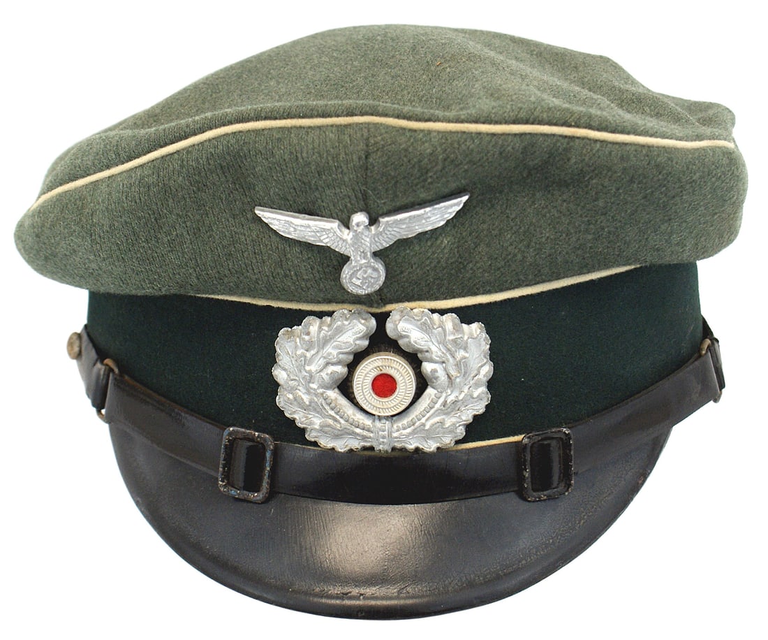 German WWII Army Infantry EM peaked cap: E-047 German Third-Reich Army Infantry E.M. peaked cap. Fine wool with a dark green band and white piping. Silver metal eagle/swastika and wreath/rosette. Black leather strap. Black Vulcan visor. Mint