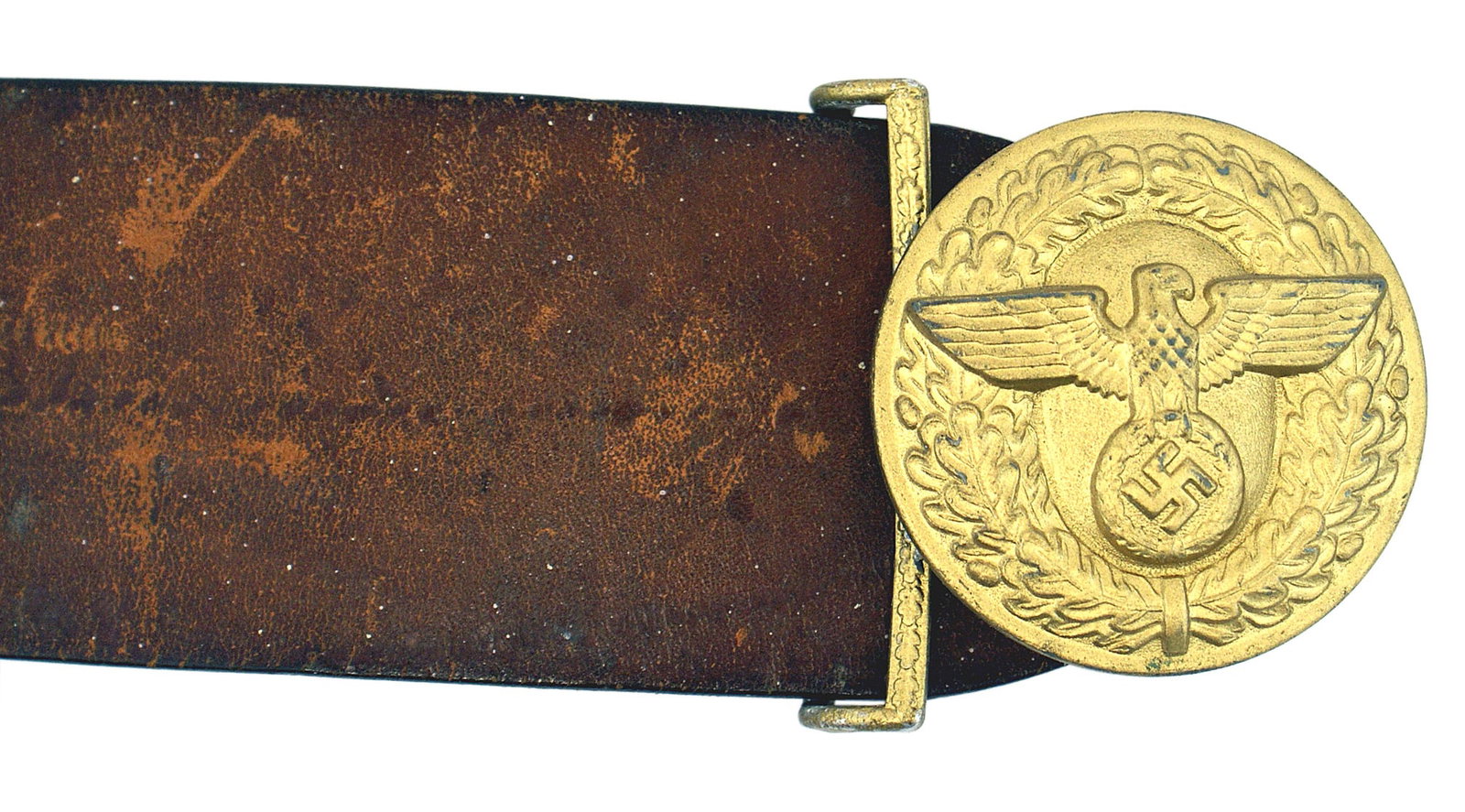 German WWII NSDAP brown service belt: F-039 Third-Reich N.S.D.A.P. 2 1/4" wide brown leather service belt. Age toned gilt round buckle holding a relief eagle/swastika within an oak leaf wreath. Reverse marked " RZM" and "M4/40". Belt show