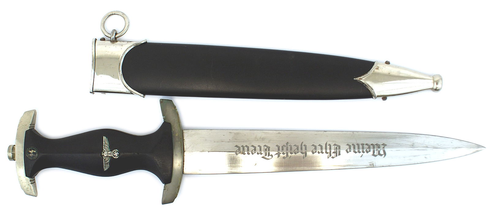 German WWII SS EM dagger: D-003 SS EM dagger. Same pattern as the SA dagger. Silvered eagle/swastika and SS roundel inserted into black wood grip. Age-toned nickeled crossguards. Gray blade has the motto "Meine Ehre Heisst Tre