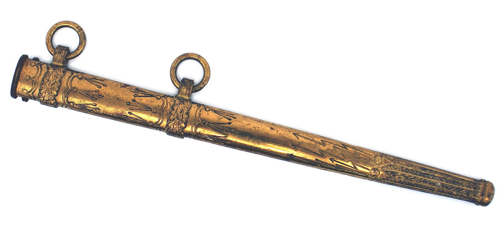 German WWII Navy dagger scabbard (only): D-012 German WWII Navy officer's dress dagger scabbard (only). Patina on the two-ring, gilt brass, engraved "lightning bolts" scabbard. II