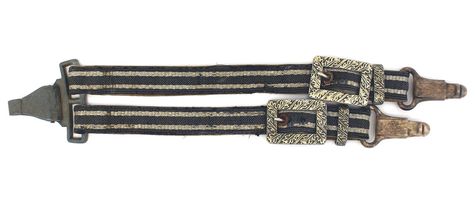 German WWII Luftwaffe dagger hangers: D-024 Third-Reich Luftwaffe 2nd Model dagger hangers. Gray-blue straps with two silver wire stripes and brown velvet backing. Oak leaf decorated square pebbled buckles, slides and snap square snap hoo