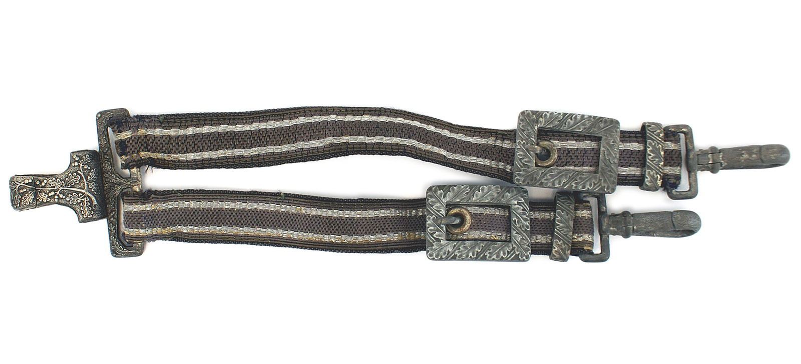 German WWII Luftwaffe deluxe dagger hangers: D-027 Third-Reich Luftwaffe 2nd Model deluxe dagger hangers. Gray-blue straps with two silver wire stripes, and blue gray cloth backing. Oak leaf decorated square buckles/slides and pebbled snap hooks