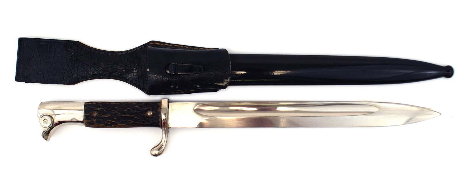 German WWII dress bayonet: D-057 German Third-Reich dress bayonet. Nickeled eagle head pommel (with a red felt insert) and crossguard, Staghorn grip. 9 7/8" clean blade, with a squirrel logo and "Eickhorn - Solingen". Enameled 