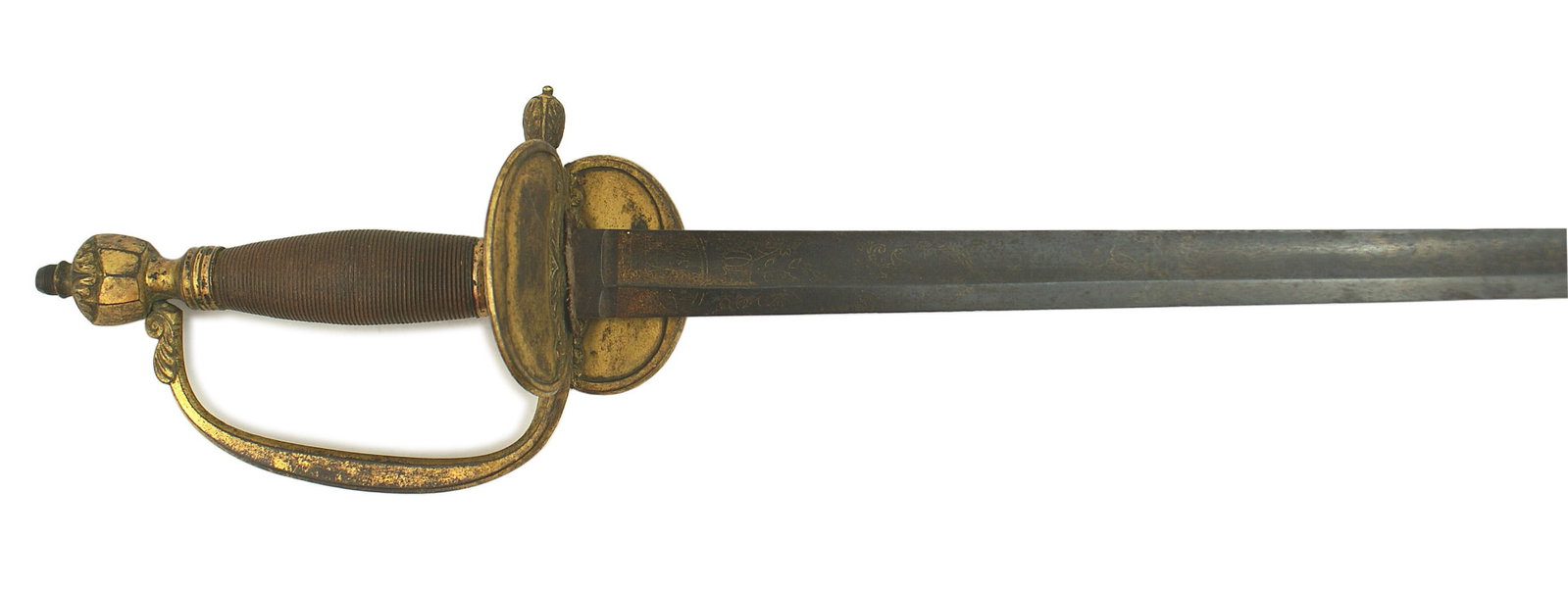 British M1796 officer sword: D-064 British M1796 officer's sword. Some small relief floral embellishment on each of the gilt brass components of the handle - urn shaped pommel, reverse "D" knuckle-bow, "figure 8" guard with a rel