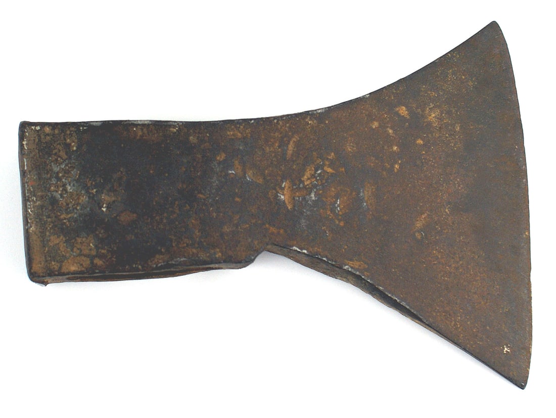 Antique German made axe head: D-081 Antique German made axe head. 4 1/2" x 6". Blade is stamped "800". 1 7/8" eye. Circa early 19th century. II