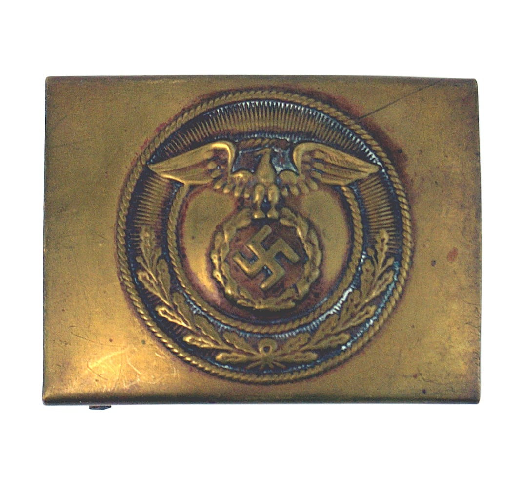 German WWII SA brass belt buckle: H-006 Third-Reich SA brass belt buckle. Early type eagle/tilted swastika/wreath (type-3 in Bob Evans book). Circa 1929-1936. II