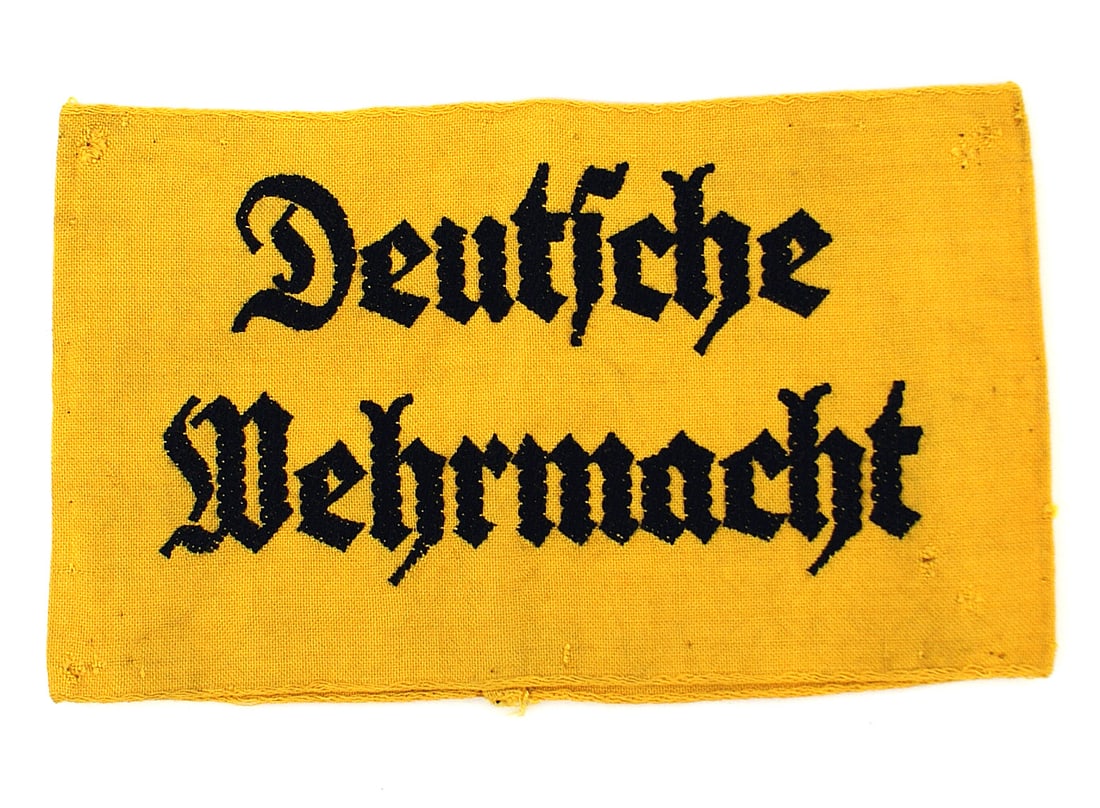 German WWII Deutsche Wehrmacht armband: H-015 Third-Reich "Deutsche Wehrmacht" (German Armed Forces) WWII armband, Embroidered black script on a yellow-gold band. II