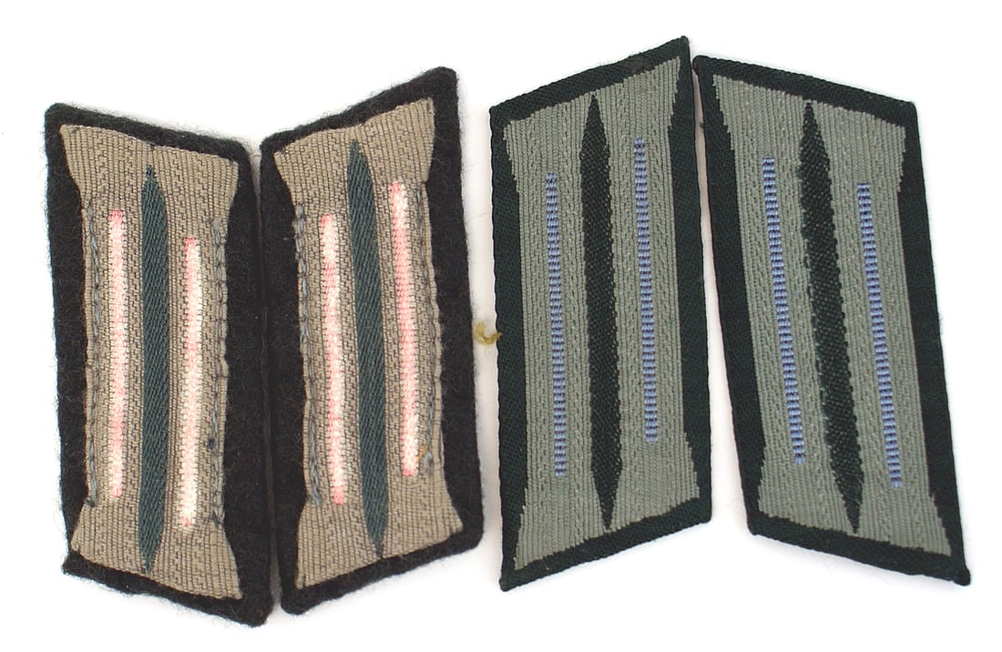 2 pairs German WWII Army NCO collar tabs: H-031 Two pairs of German WWII Army NCO embroidered collar tabs: (1) Panzer. Two parallel gray panels with a pink center stripe - on dark green backing. (2) Supply Service. Same as above, but light bl