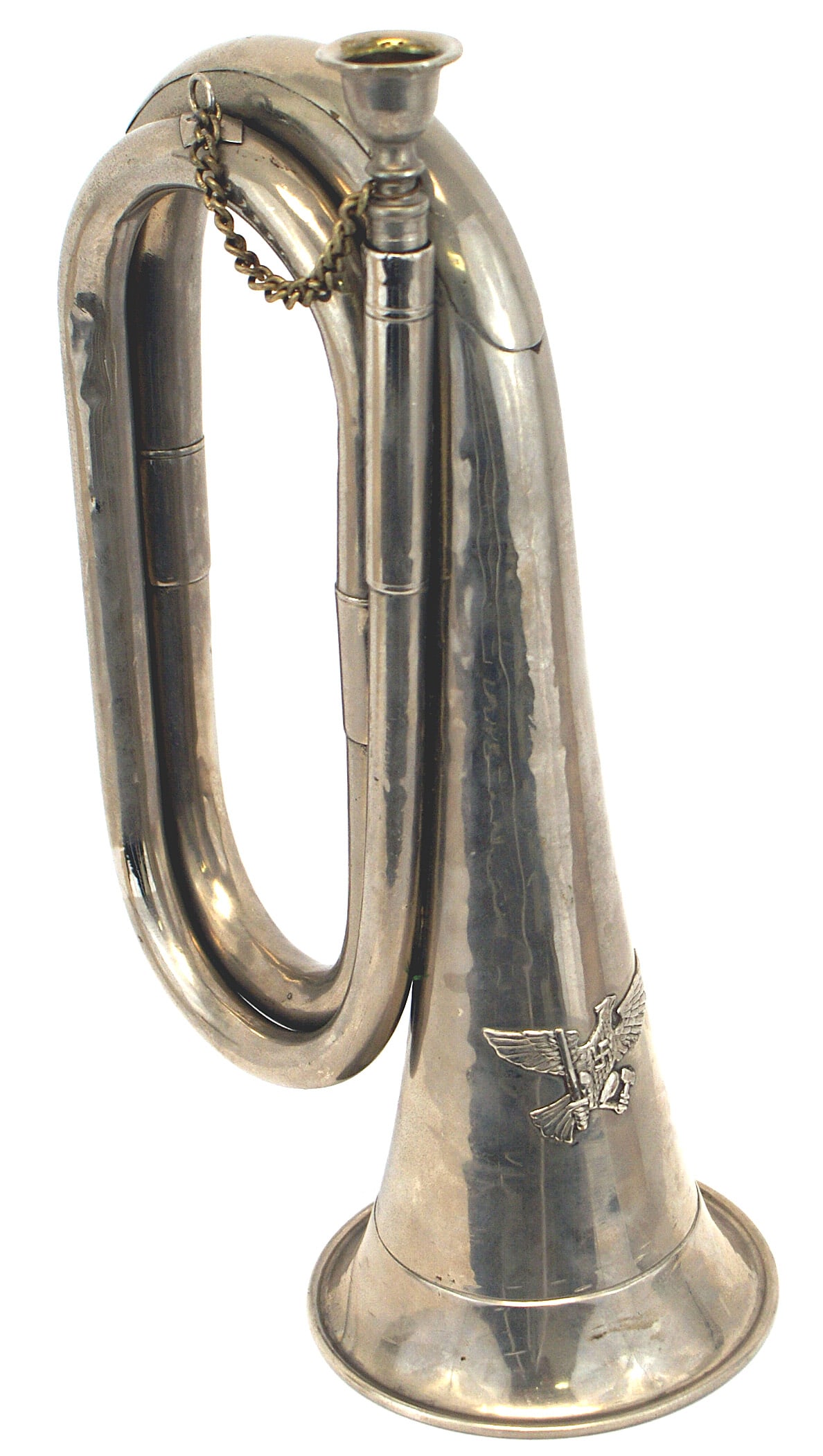 German WWII HJ Hitler Youth bugle: H-056 German Third-Reich HJ "Hitler Youth" bugle. 11" tall. Standard military type with a relief HJ eagle (swastika on chest) holding a sword and a hammer. 4" diameter horn. Unusual that the entire bu
