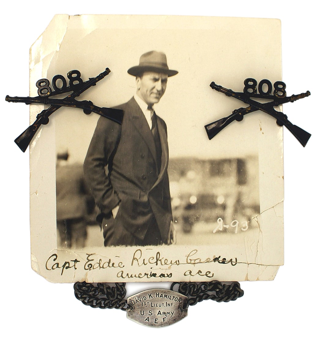 US WWI lot bracelet collar insignia etc: H-101 Lot of U.S. WWI related items. Includes: (1) Silver I.D. bracelet engraved "DAVID K. HAMILTON - 1st. LIEUT. INF - U.S. ARMY - A.E.F. Hallmarked. (2) Pair of officers bronzed collar insignia - "8