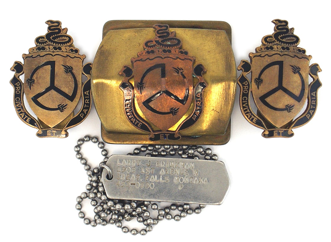 US WWII 200th ADA Air Defense Artillery lot: H-109 U.S. WWII 200th ADA (Air Defense Artillery) grouping: Pair of collar crests, modified Army buckle with crest and ID of owner (From Great Falls , Montana). This New Mexico National Guard unit was
