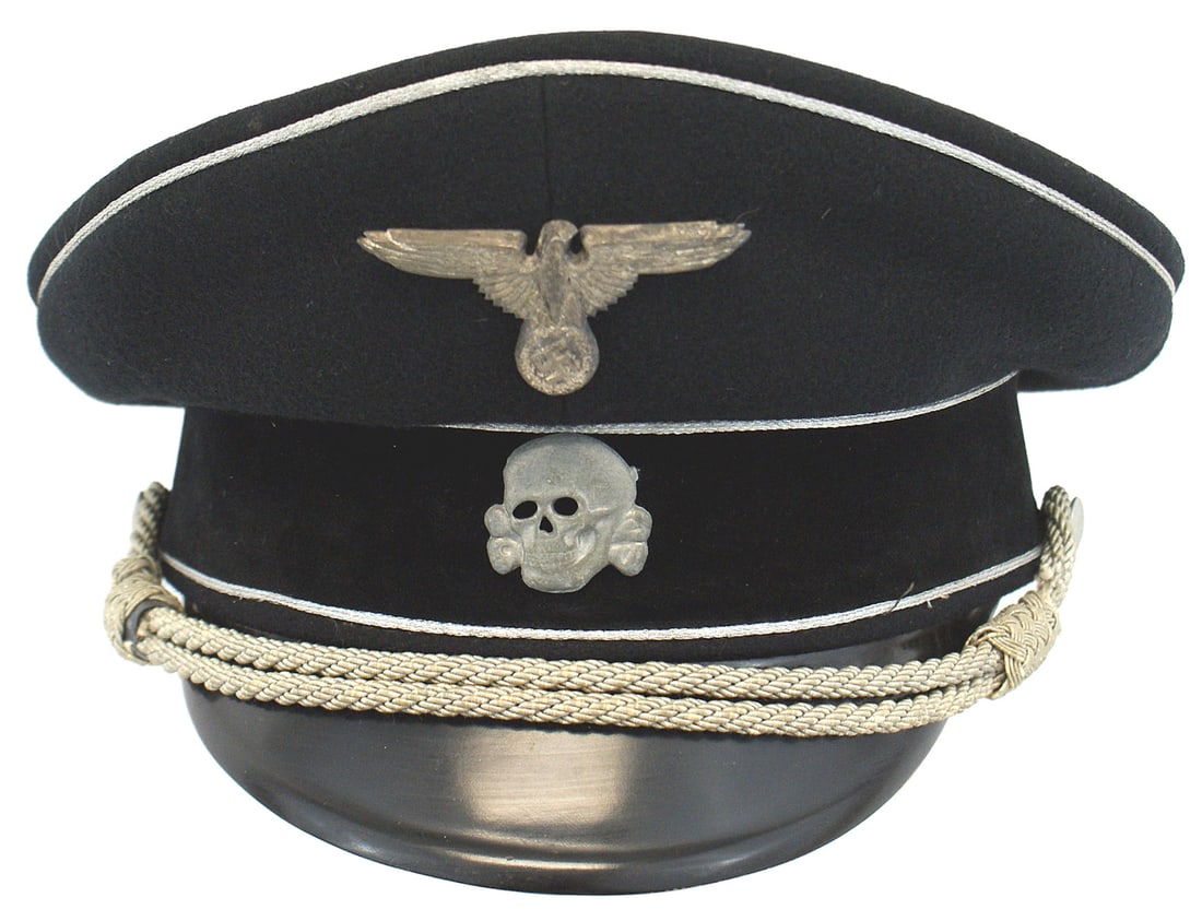 Reproduction Allegemeine SS officer peaked cap: H-131 Reproduction Allegemeine-SS officer's peaked cap. High peak, black wool body, black velour band and silver wire cord piping. Graying eagle/swastika and skull show minute traces of silver. Black