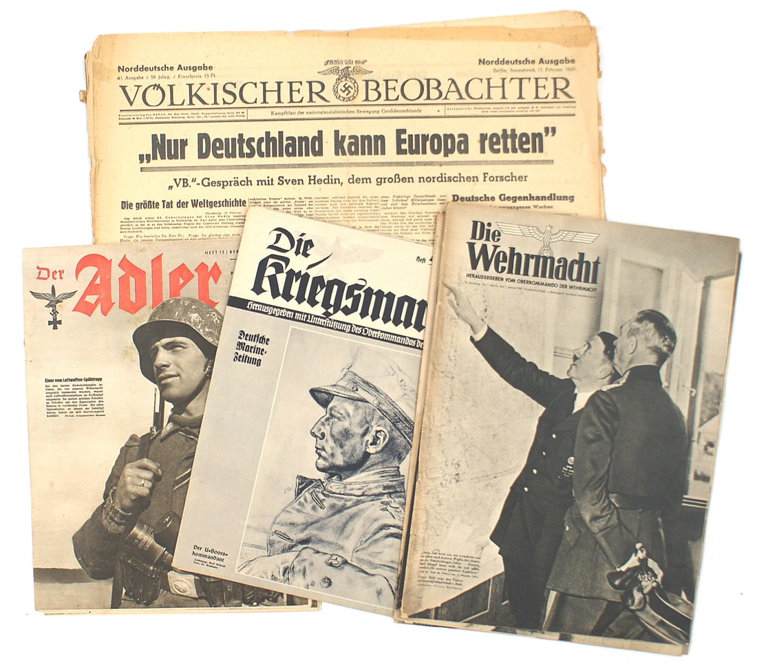 Lot of German WWII newspapers and pictorials: I-015 Lot of German Third-Reich newspaper and pictorials. Includes: (1) Five issues of "VOLKISCHER BEOBACHTER". All dated between 1943 and 17 February 1945. Includes military news and propaganda. (2) 