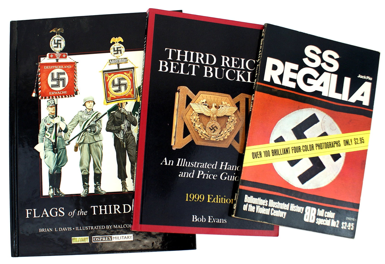 3 German WWII reference books FLAGS SS REGALIA: I-049 Lot of 3 references books on German Third-Reich/WWII topics: (1) "FLAGS of the Third Reich" by Brian H. Davis. 144 pages of the history with color illustrations of standards and flags of militar