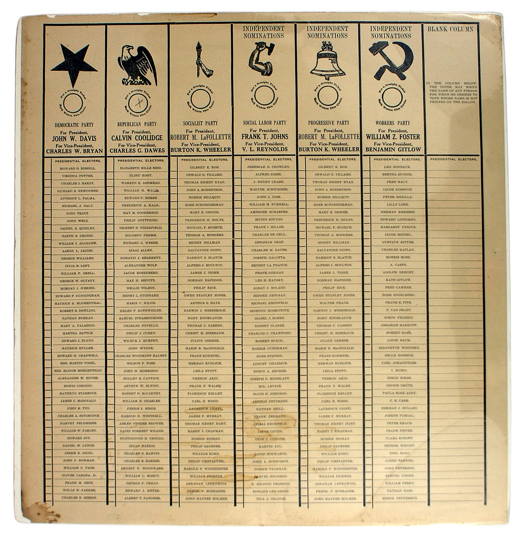 Original 1924 US Presidential ballot: Q-012 Original 1924 Presidential ballot, also listing the Presidential Electors for each of the six political parties. Included are: (1) DEMOCRATIC PARTY - For President - JOHN W DAVIS. (2) REPUBLICAN