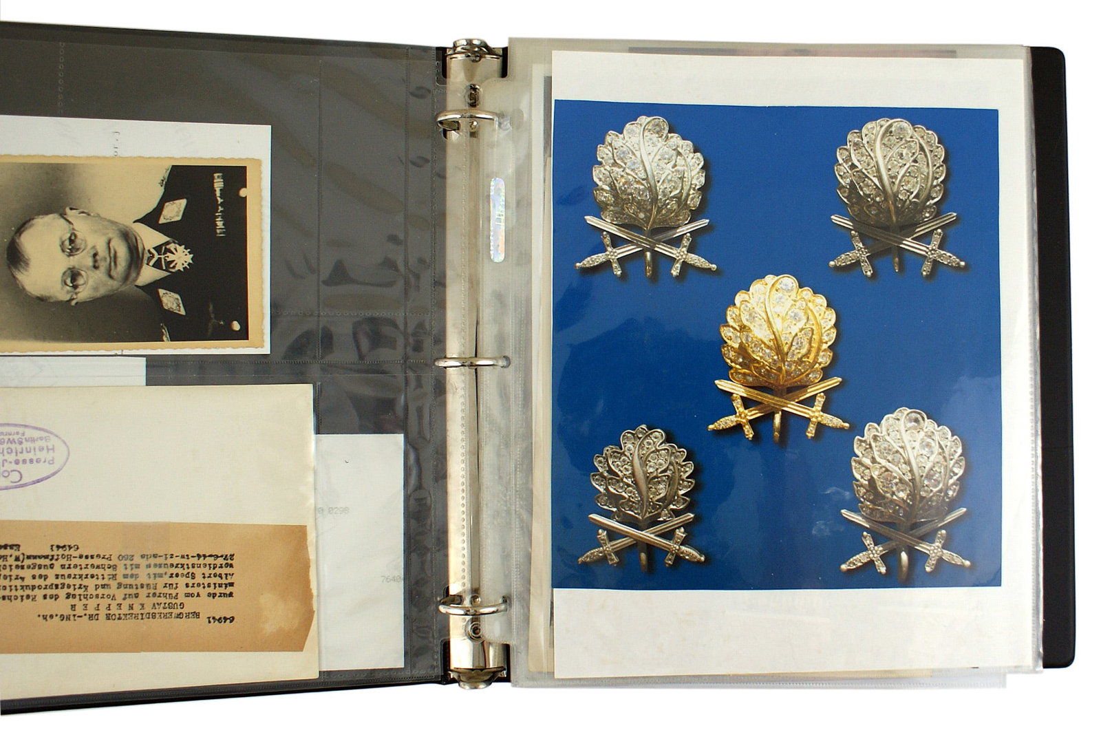 Binder with ephemera TANK KILLERS author: Q-022 Loose leaf binder with miscellaneous ephemera from the collection of Tom Breyette: (1) Two photos of unknown German officers. (2) Three photos of named recipients of the K.C. of the War Merit Cr