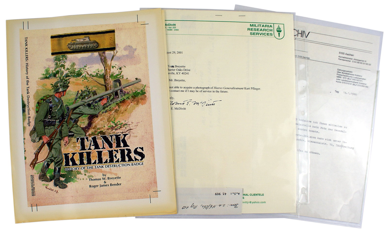 Lot of material from the TANK KILLERS author: Q-023 Lot of miscellaneous material from the collection of collector and author of "TANK KILLERS", the history of the Tank-Destruction Badge. Thomas W. Breyette contacted numerous collectors worldwide