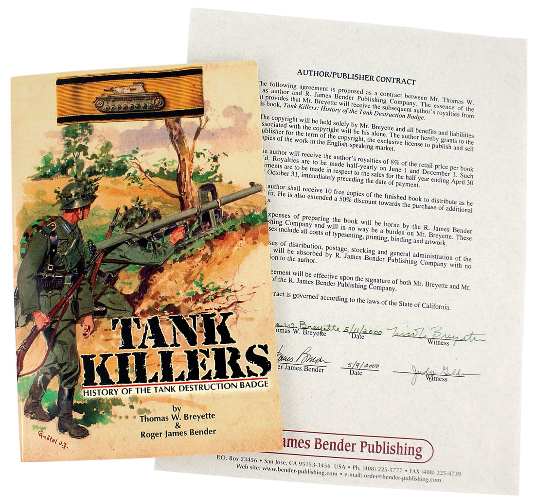 Handwritten manuscript of TANK KILLERS by author: Q-025 Handwritten manuscript of "TANK KILLERS" by Thomas W. BREYETTE and ROGER JAMES BENDER. Also, included are notes on sources of information and a record of over 60 German veterans who were awarded