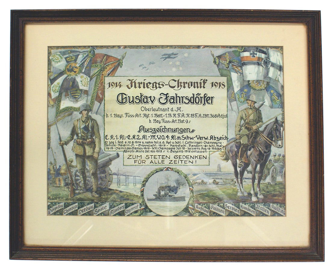 German 1914 1918 War Chronik Bavarian Foot Artillery: L-003 German "1914 - 1918 War Chronik" for Gustav Jahrsdorfer, a 1st Lt. in Bavarian Foot Artillery Battalion 9. The calligraphy lists the various units he served in as well as campaigns (Flanders, So
