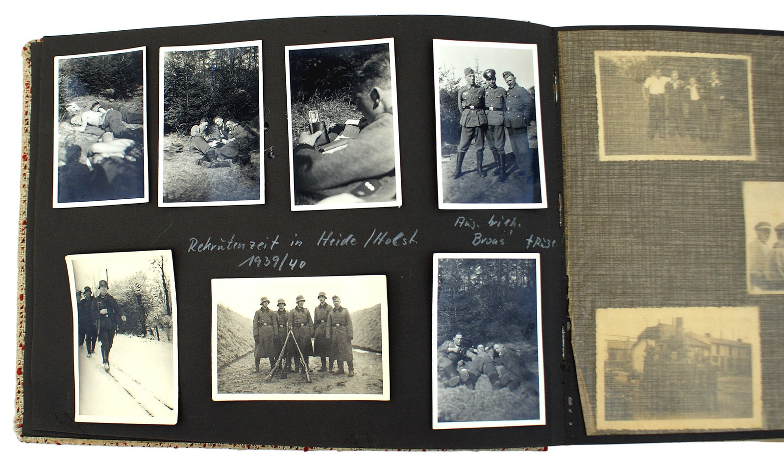 German WWII photo album RAD DJ: L-017 German Third-Reich WWII photo album. Includes: 1938 - 1939 views of Rendsburg, RAD (Labor Corps) comrades with family, DJ (German Youth) members, Army service 1939 Poland, wearing Iron Cross - "