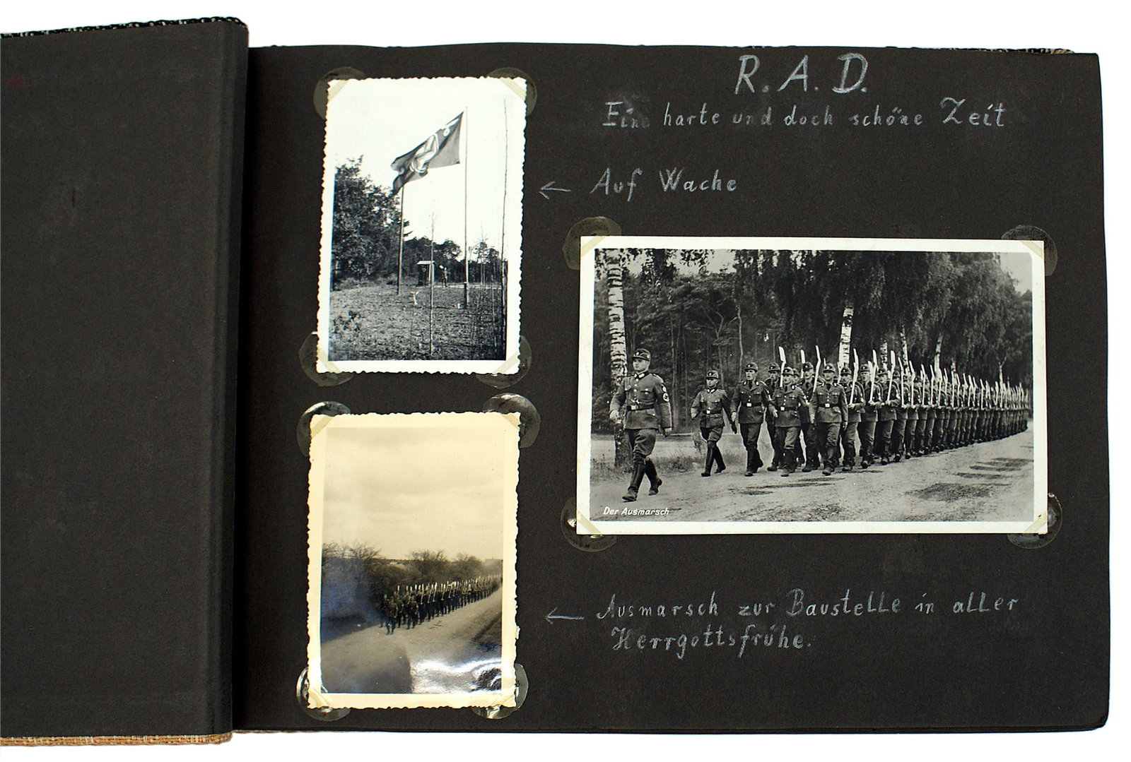 German WWII photo album RAD member: L-018 Third-Reich/WWII photo album of a member of the RAD (German Labor Corps). Inside cover has "R.A.D." above a photo (in uniform) of the owner of the album. White ink inscription identifies the pho
