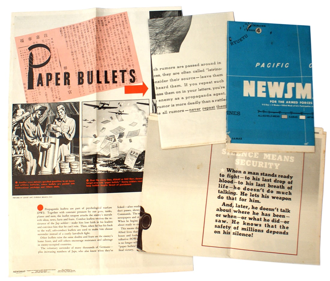 4 US WWII NEWSMAP ARMED FORCES posters: L-045 Lot of 4 US WWII "NEWSMAP - FOR THE ARMED FORCES". (1) Fold out complete map of the Japanese Empire. Attention is paid to five specific locations where the most activity is taking place. Reverse