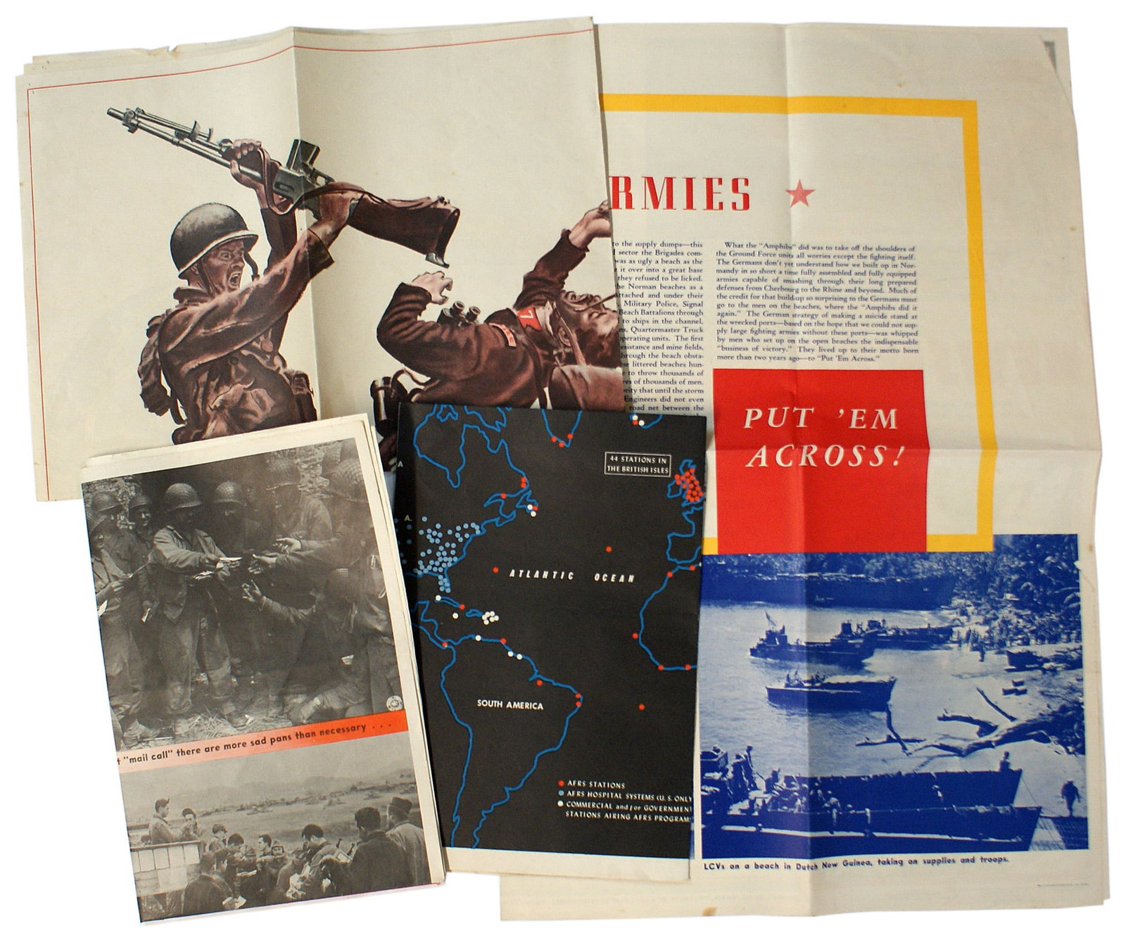 4 US WWII NEWSMAP ARMED FORCES posters: L-046 Lot of 4 US WWII "NEWSMAP - FOR THE ARMED FORCES": (1) "TWO DOWN ONE TO GO". A full-size presentation combat soldier using the butt of his BAR to take down a Japanese Officer ready to swing a sa