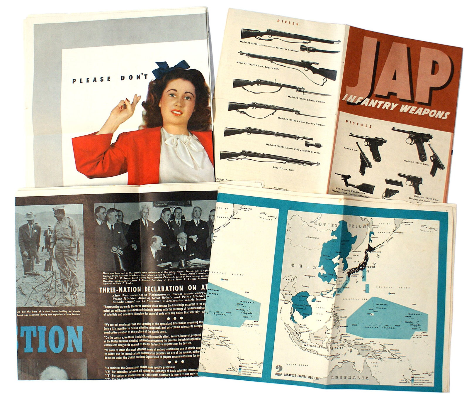 4 US WWII NEWSMAP ARMED FORCES posters: L-047 Lot of 4 US WWII "NEWSMAP - FOR THE ARMED FORCES". (1) "JAP MILITARY WEAPONS". Entire 35" x 47" poster provides an excellent variety of long arms, pistols, mortars, machine guns, artillery, mine