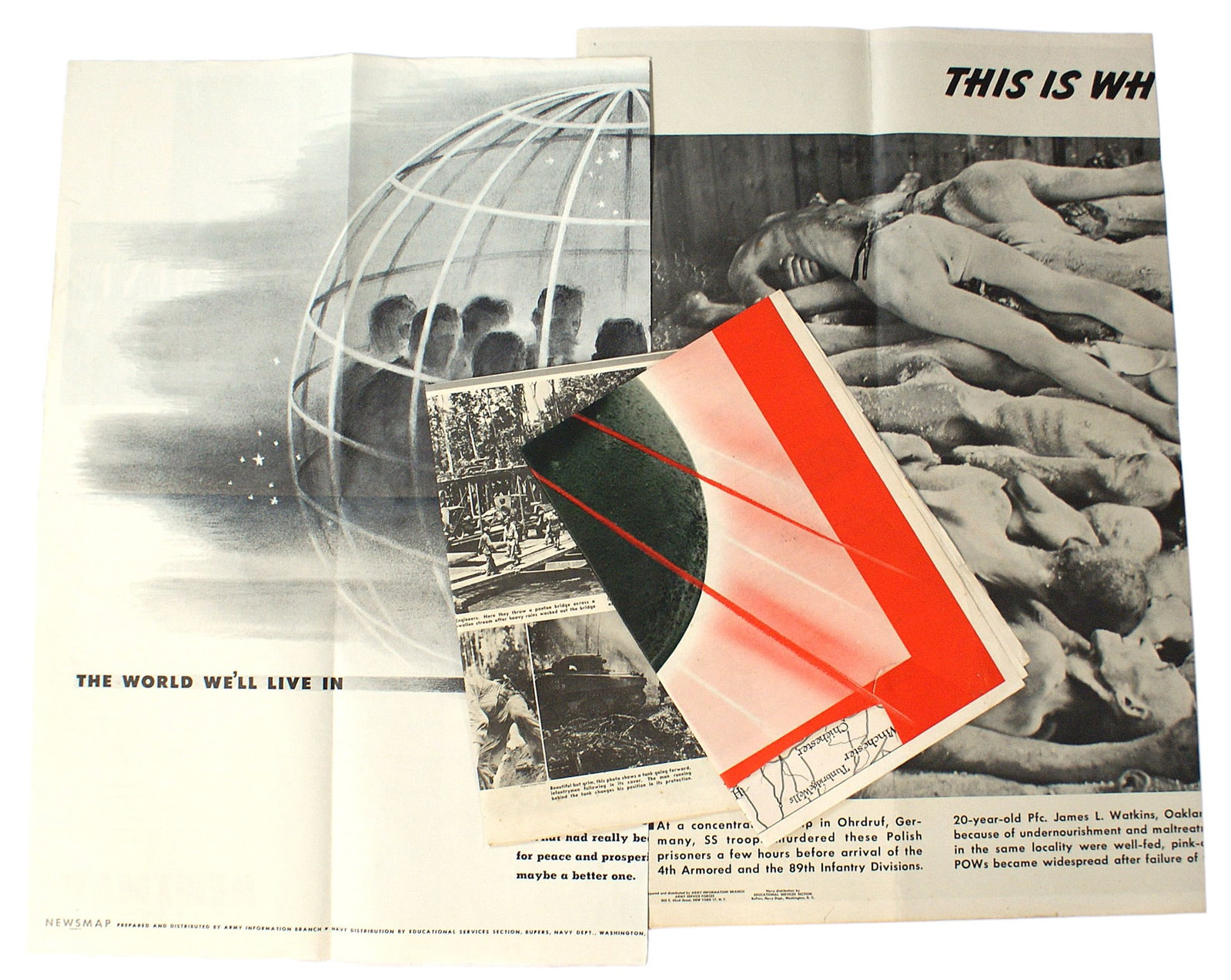 4 US WWII NEWSMAP ARMED FORCES posters: L-048 Lot of 4 US WWII "NEWSMAP - FOR THE ARMED FORCES". (1) "THIS IS WHY WE FIGHT". Full page (36" x 47") showing the victims at a concentration camp in Ohdruf, Germany prior to the arrival of Americ