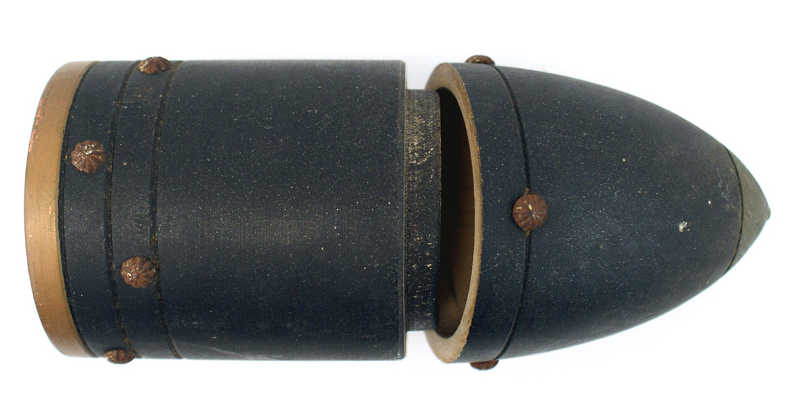 WWI souvenir wood shell utility box: G-030 WWI souvenir 6 1/2" tall wood shell utility box. Base diameter 2 3/4". Painted black with an age-toned metal top. Decorated with star shaped nail heads. Age darkened gold lettering "Lobus de Ver