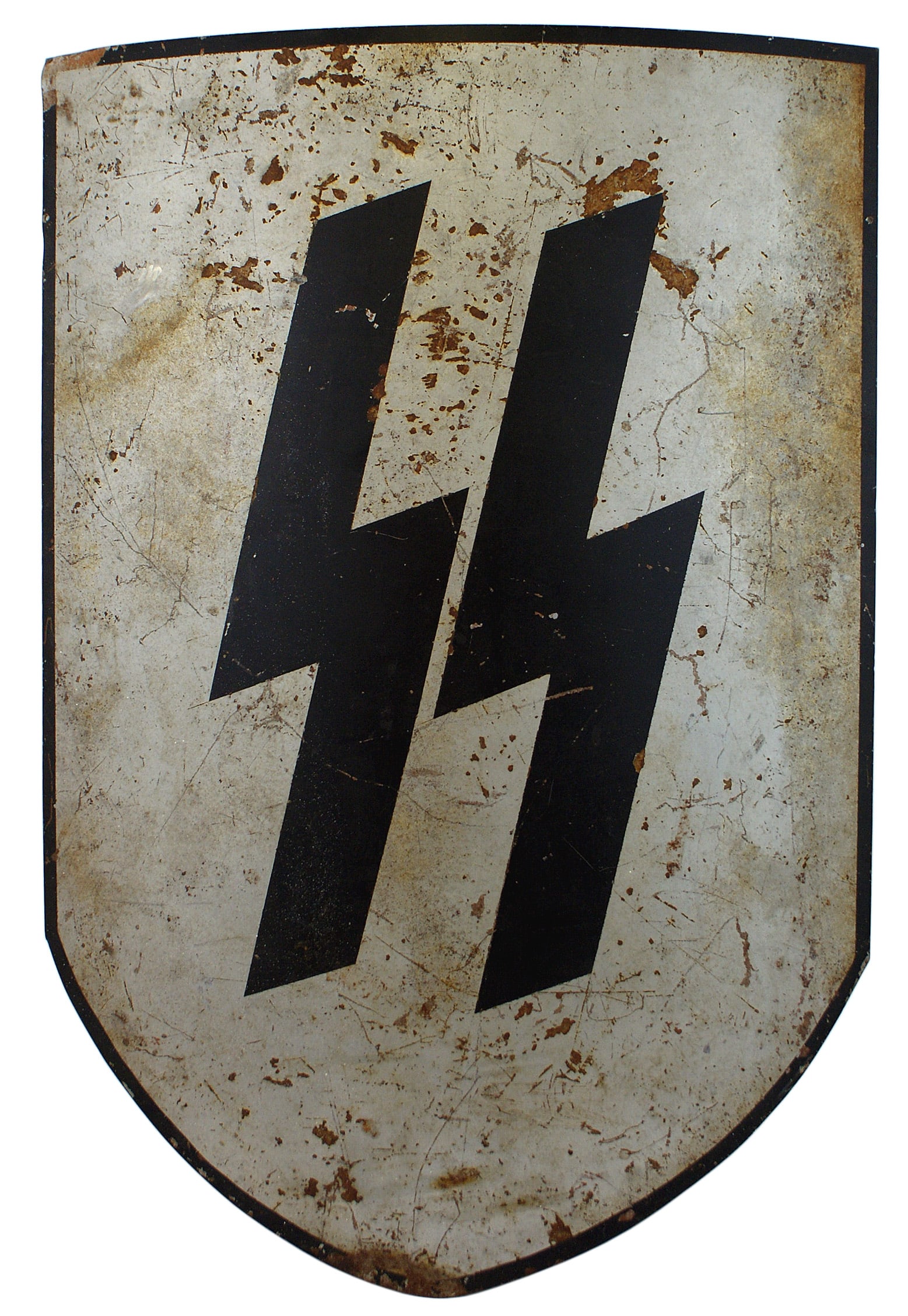 Large German WWII SS shield Kaserne post sign: G-031 German Third-Reich/WWII shield shaped "Kaserne" post sign. Curved heavy duty tin with black painted SS runes on a dull silver background. Black painted border. Some paint chips, scrapes and some