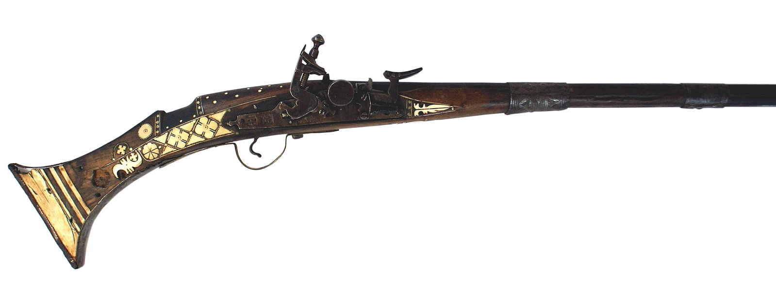 Antique North African Arab flintlock camel gun: R-007 Antique North African, Arab flintlock ?camel gun?. Typical long 49 1/2" barrel with a flared muzzle. Several iron bands with figural and floral designs. Also examples of additional bands which a