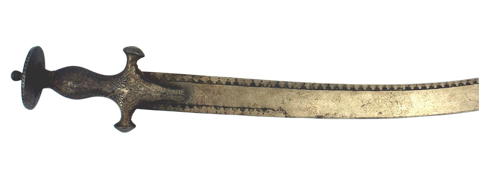 Indian talwar sword Circa 1880: R-009 Indian talwar. Curved 1 1/2" wide 27" blade decorated with cut-out upper 3 points of a star below a small circle - along 23? of the inner border of the spine and 6? of the cutting edge. Very few