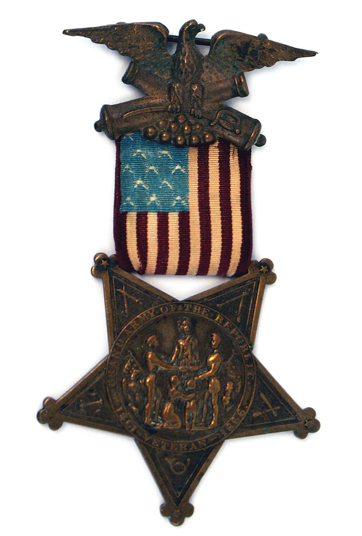 Civil War GAR Badge Type IV 1879-1881: K-022 U.S. Grand Army of the Republic (GAR) Badge, Type IV - 1879-1881. Five pointed bronze star with a center scene of the Goddess of Liberty, a soldier and sailor, flags, etc. Reverse has the Nation