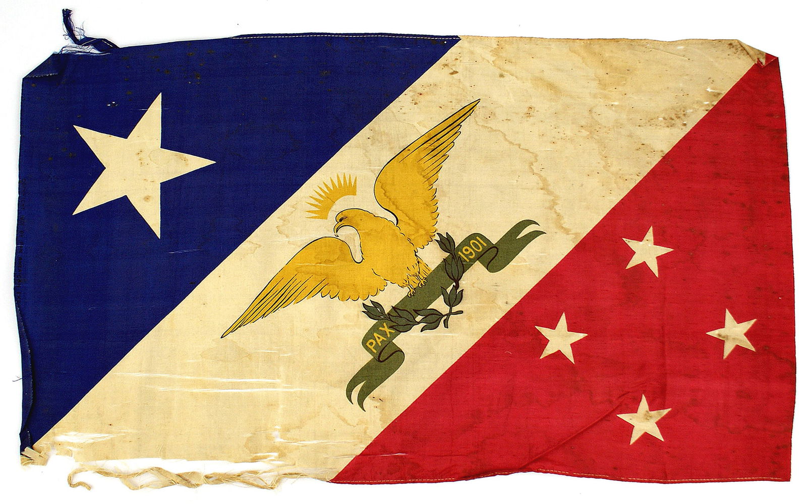 Official flag of the 1901 Pan American Exposition: K-046 Official flag of the 1901 Pan-American Exposition. Silk 11 3/4" x 20 1/2" flag is divided diagonally into a blue, white and red panel. With emblems in the same order - a white star, a gold eagle