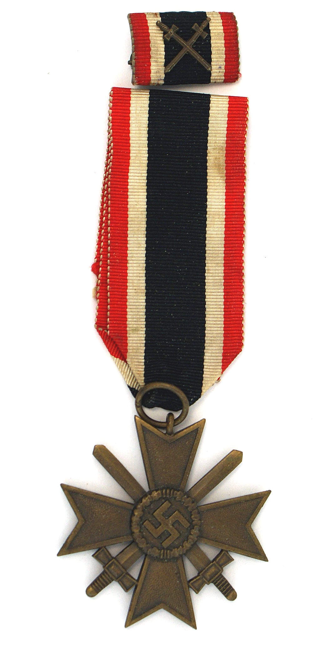 German WWII KvK with Swords: B-037 German WWII KvK (War Service Cross) with Swords. Original full-length ribbon. Also, with a ribbon bar with swords. From the collection of collector and author of "TANK KILLERS", the history of t