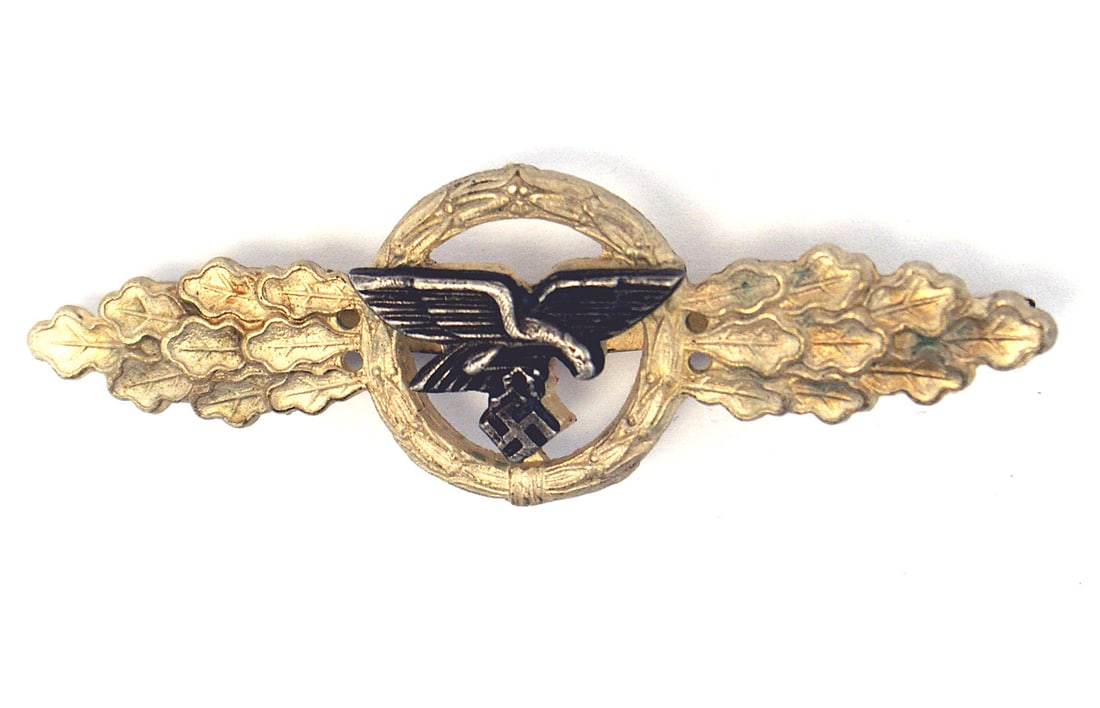 Luftwaffe Transport Glider Squadron Clasp: B-068 German WWII Luftwaffe Transport and Glider Squadron Clasp. Spray of silver oak leaves on each side of an open wreath holding an eagle/swastika. Reverse marked "G.H. OSANG - DRESDEN". Wide horizo