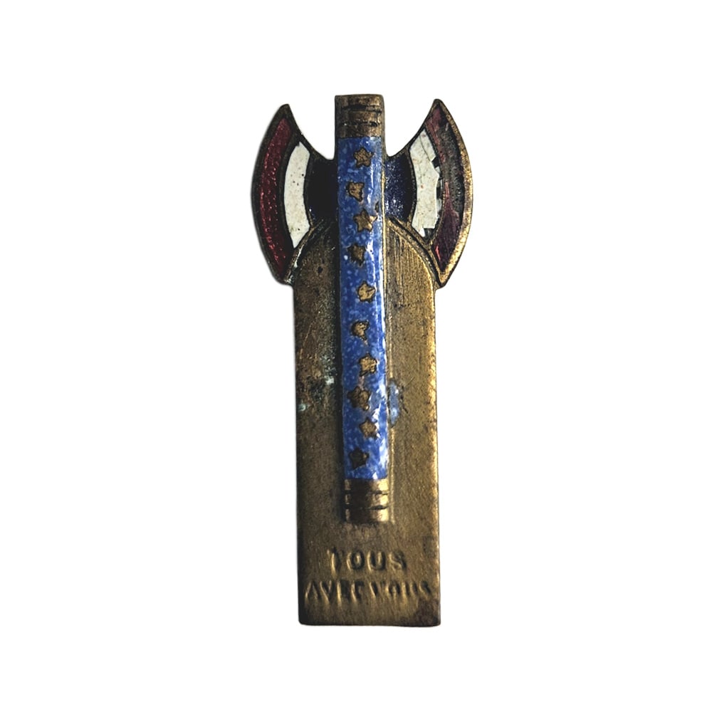 France Vichy French lapel badge: B-102 Vichy French lapel badge. Colorful 1 1/4" Marschall's baton with French colors on double axe heads - on a dull gold projectile head. Worn by Petain supporters. II