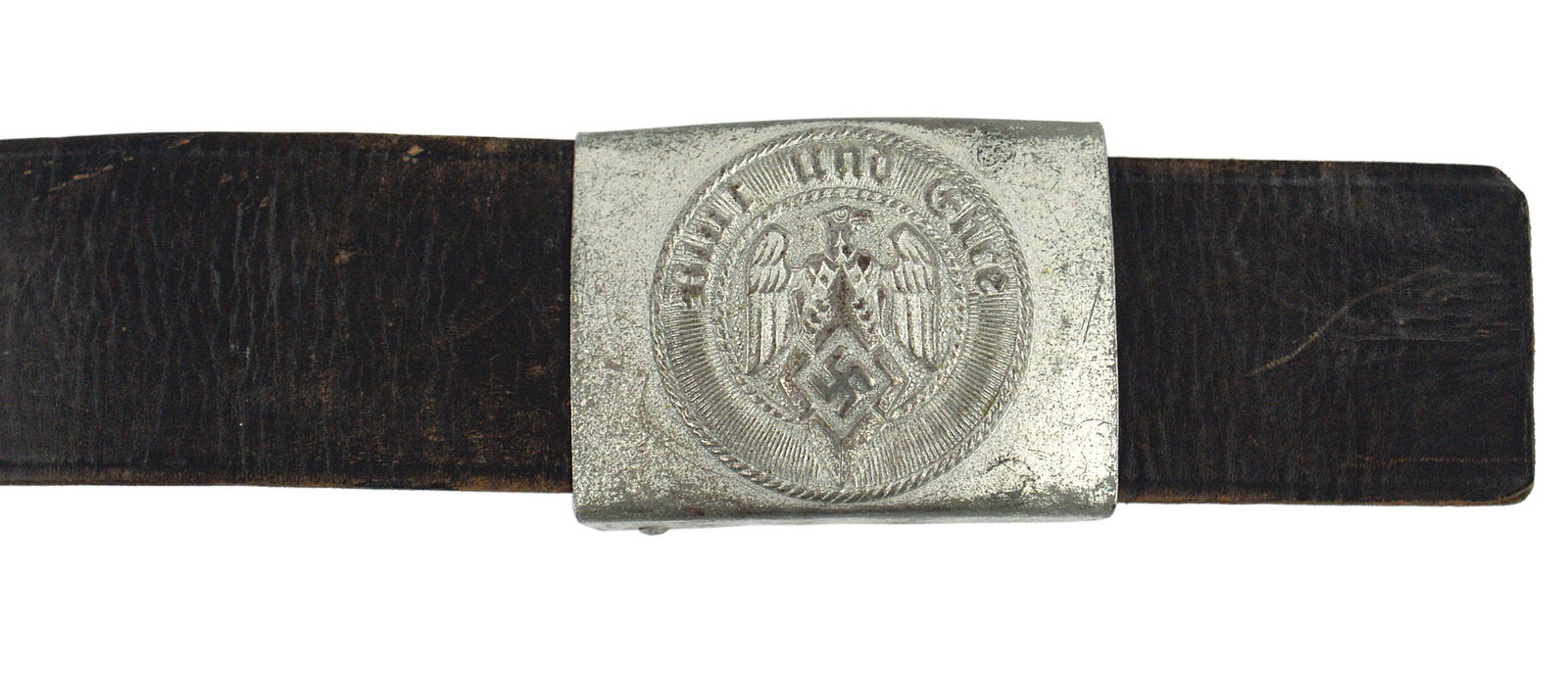 German WWII Hitler Youth Corps belt/buckle: F-013 German Third Reich Hitler Youth Corps brown belt and buckle. Internal sizing strip is stamped with name of city, "Dresden 1943". Size 37. Gray finish on the steel buckle. High relief. H. J. eagl
