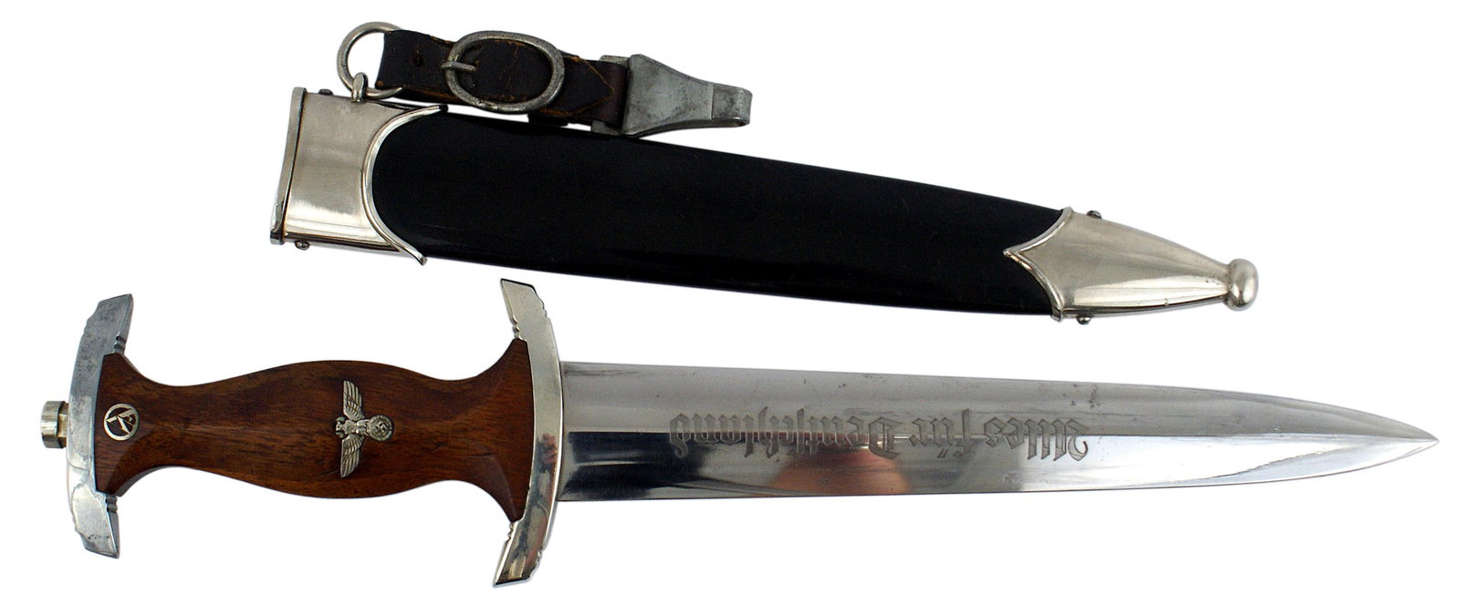 German WWII NSKK dress dagger: D-004 Third Reich NSKK dress dagger. Brown wood grip with a silvered/ enamel "SA" roundel and aluminum eagle/swastika insignia. Nickeled top and crossguard as well as throat and tip on brown scabbard.