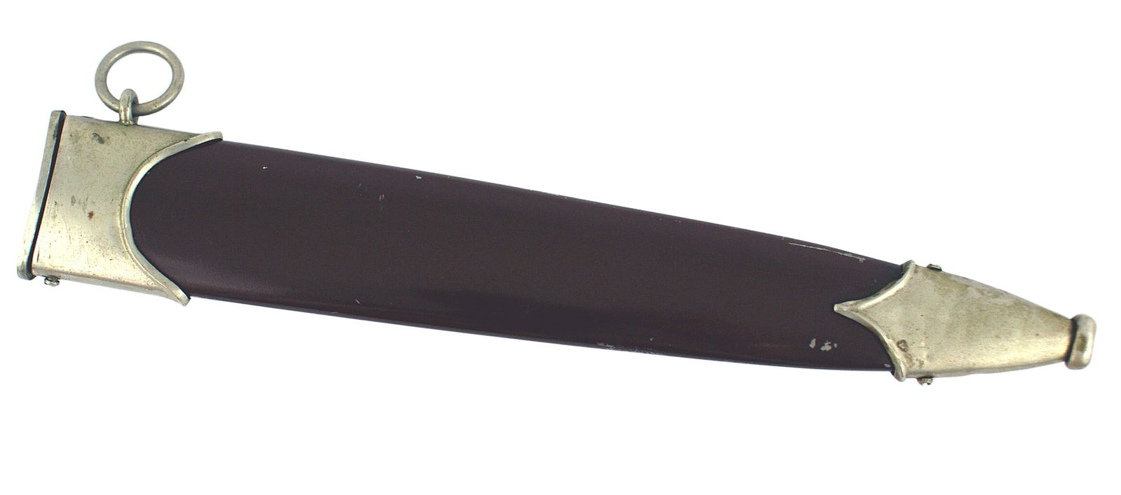 German WWII SA dagger scabbard: D-005 German Third Reich SA dagger scabbard. Light patina on the nickeled throat/ring and tip (several scratches and usual dented ball tip). Original brown finish with some minor scratches. II
