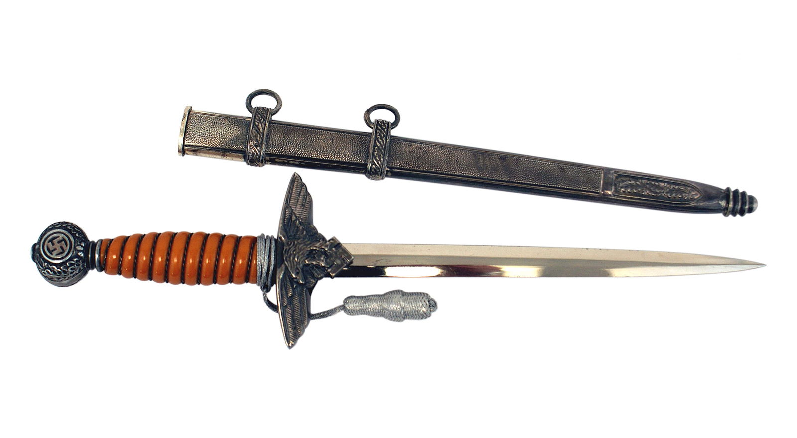 German WWII 2nd Model Luftwaffe dagger mini: D-015 German Third-Reich miniature 2nd Model Luftwaffe dagger. Oval pommel bearing oak leaves and a swastika, oak leaf ferrule and flying eagle/swastika crossguard. Toned silver wire wrapped orange gr