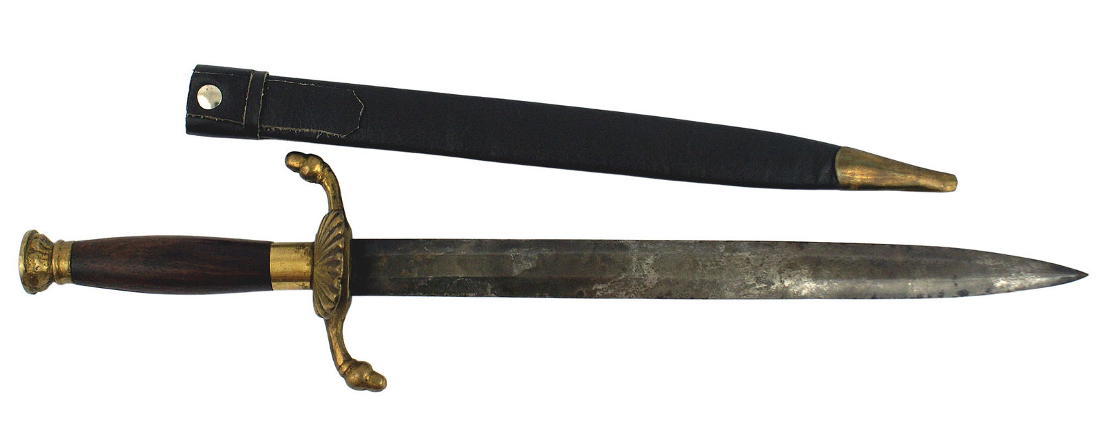 German made post-war hirschfanger dagger: D-026 German made post-war "hirschfanger" type knife for the foreign market. Round "polished" wood grip, Brass oak- leaf decorated pommel, ferrule, clamshell guard and acorn tipped "S" crossguard. Lea