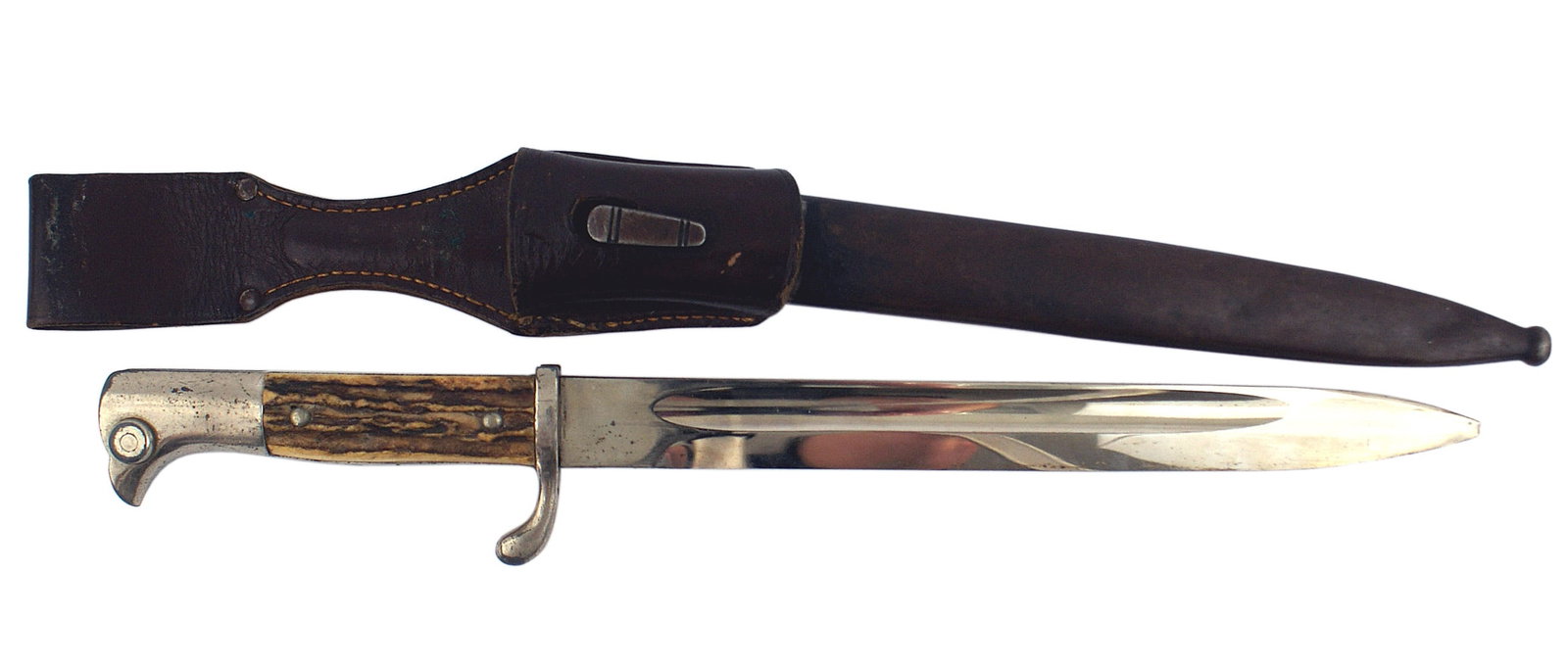 German Third Reich K-98 dress bayonet: D-038 German Third Reich K-98 dress bayonet. Nickeled (minute dimples) bird-head pommel stag grips. Short up turned crossguard. 9 3/4" cleaned blade marked by maker "Eickhorn" with the squirrel logo. 