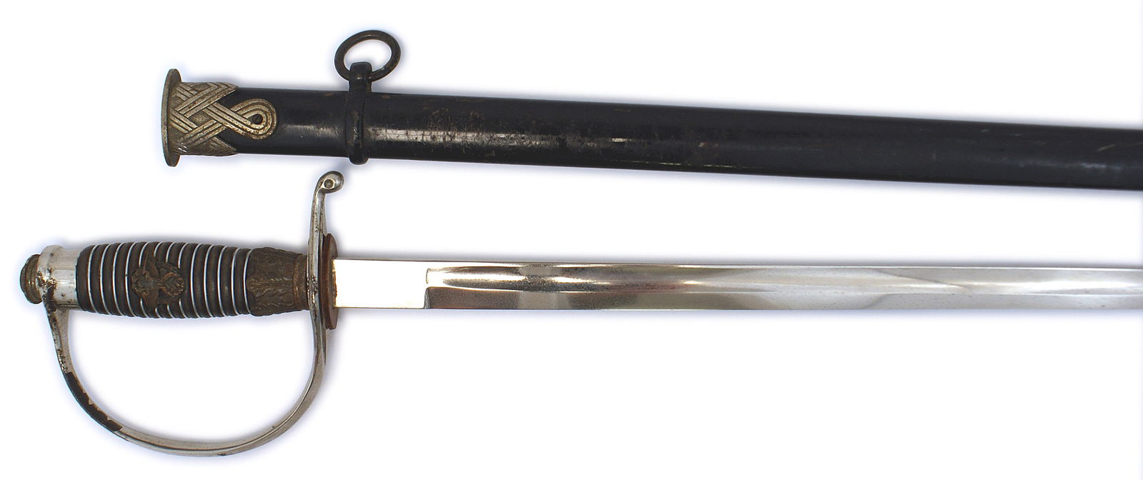 German WWII Police officer dress sword: D-056 German Third-Reich Police officer dress sword. Some of the nickeled finish worn on the pommel cap and part of the reverse "D" knuckle-bow - culminating into the crossguard, and ferrule. Copper f