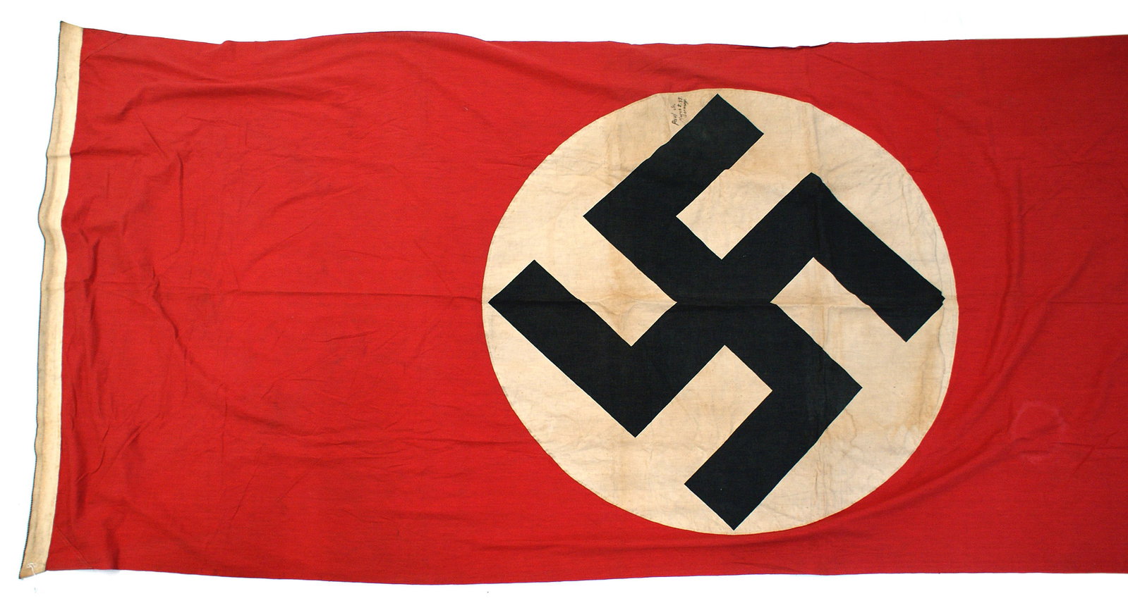 German WWII NSDAP banner: H-057 German WWII N.S.D.A.P. banner. Extremely large printed black swastika on a white disk sewn to a red field. Inked on white portion "Paul Jr. - March 5, 45 - Germany". 2 1/2" white sleeve for a su