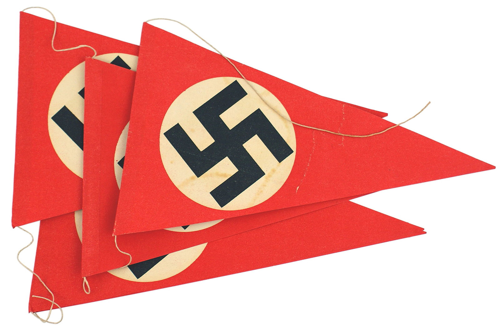 German WWII lot of 5 paper pennants: H-063 German Third-Reich lot of 5, all string connected triangular paper pennants. Two-sided black swastika on a white circle on a red field. Each 10 1/2" x 6". One of the end pennants was torn and ta